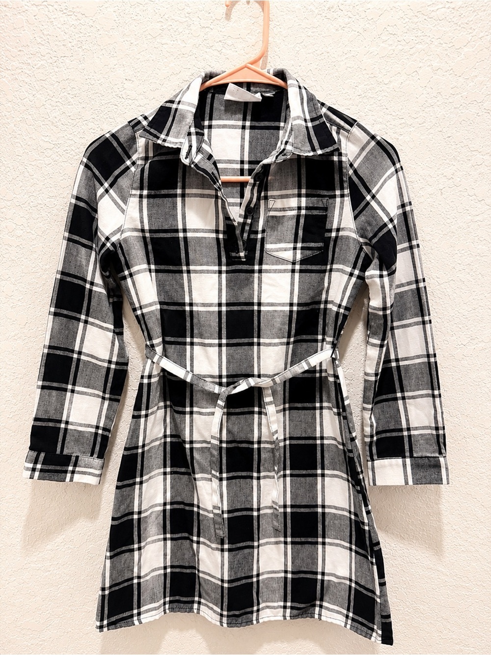 Girls Black & White Plaid Shirt Dress with Waist Tie